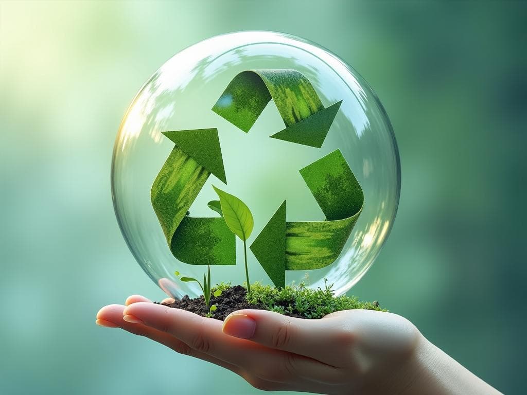 Hand holding a glass globe with recycling symbol and plants
